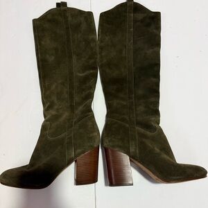 Via Spiga Women's Knee High Boots Suede Size 10 dark green Side Zip Boho Western